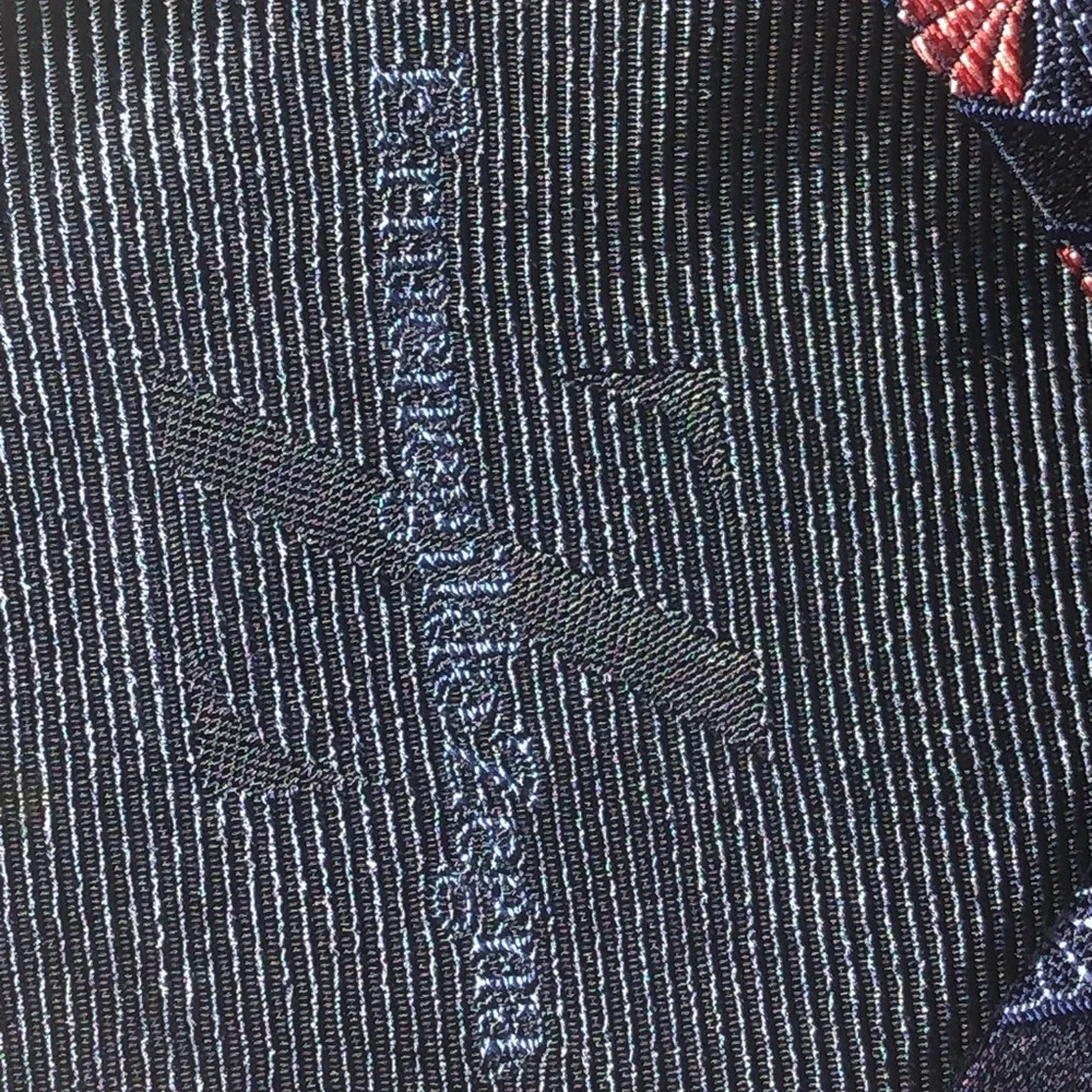 Zegna Men's Navy Patterned Silk Tie with Red and Blue Accents